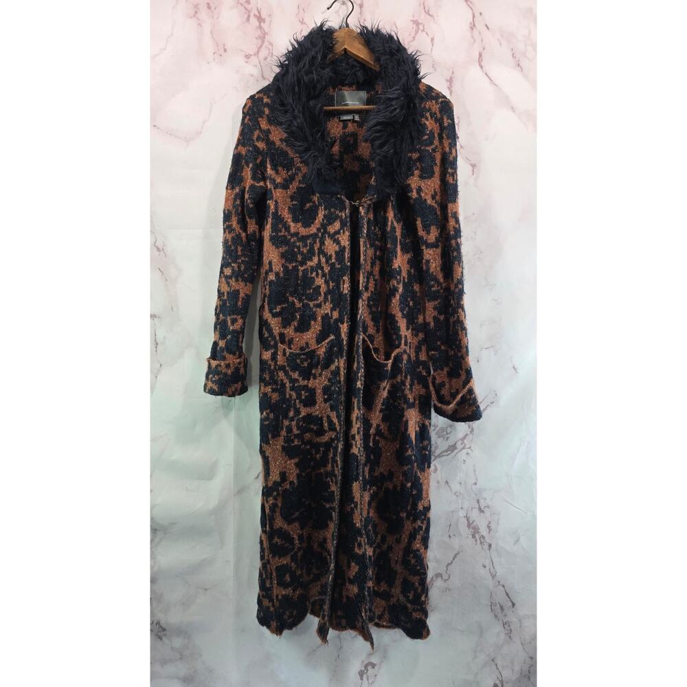 Anthropologie Sweater Womens Small Navy Jacquard Coatigan Cardigan Coat Faux Fur